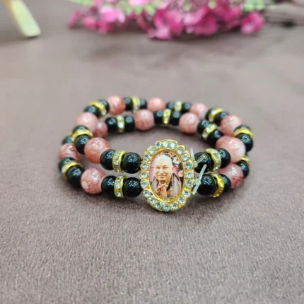 Black and Pink Double Band Pearl Bracelet with Jai Guruji Swaroop Handmade Bracelets for Men and Women