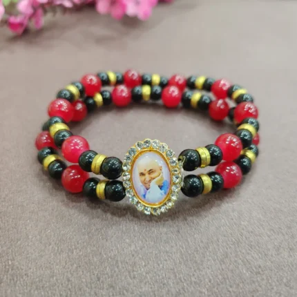 Blood Red And Black Double Band Round Pearl Bracelet with Jai Guruji Swaroop Handmade Bracelets for Men and Women
