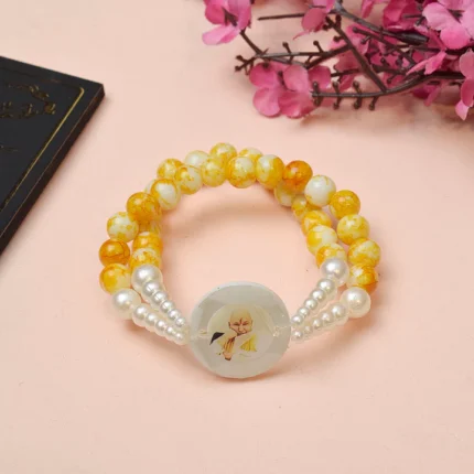 Crystal Yellow Beads Double Layer & White Pearl Bracelet with Jai Guruji Swaroop