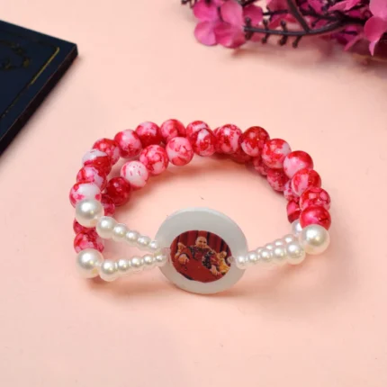 Crystal Red Beads Double Layer & White Pearl Bracelet with Jai Guruji Swaroop