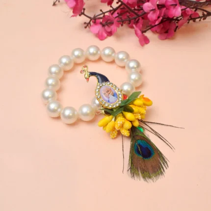 White Round Pearl peacock Bracelet with Jai Guruji Swaroop