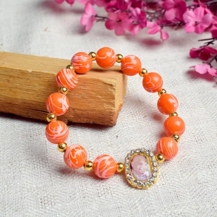 Orange Round Pearl Bracelet with Jai Guruji Swaroop Handmade Bracelets for Men and Women