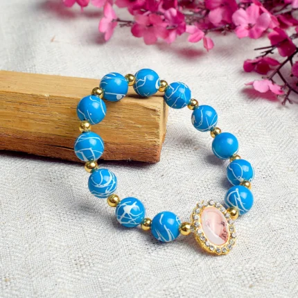 Dark Blue Round Pearl Bracelet with Jai Guruji Swaroop Handmade Bracelets for Men and Women