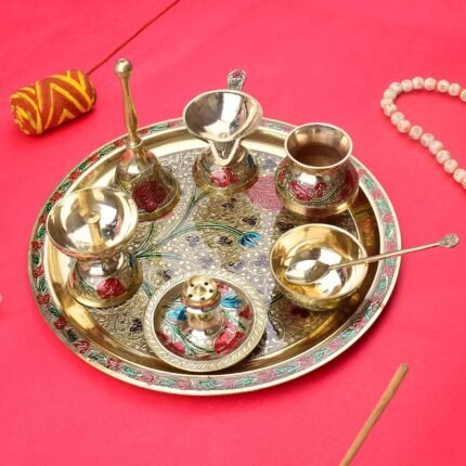 Ravishing 8 Pc Brass Puja Thali Set with Premium Velvet Box (10 Inch)
