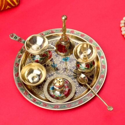 Ravishing 7 Pc Brass Puja Thali Set with Premium Velvet Box 17.7cm (8 Inch)