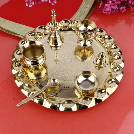 7 Piece Brass Kashmiri Art Pooja Thali Set (10 Inch) Design 4