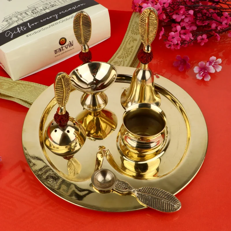 6 Piece Brass Rudraksha Pooja Thali Set (9 Inch) Design 9